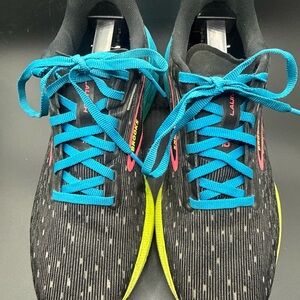 Brooks women’s Black Running Shoes with Teal Laces and Yellow Soles